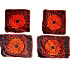 Orange & Black Floral MCM Placemat & Napkin Set Linen Cotton Boho 1970s READ